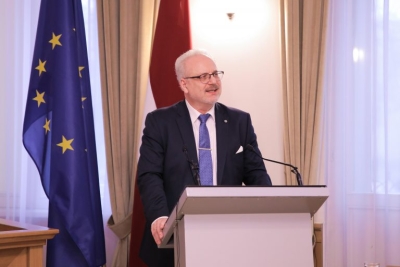 President of the State of Latvia Egils Levits gives a speech at the solemn hearing of the Constitutional Court. Foto: Aleksandrs Kravčuks