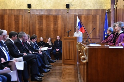 President of the Constitutional Court Ineta Ziemele giving a keynote speech at the solemn hearing of the Slovenian Constitutional Court marking the anniversary of the adoption of the Constitution of the Republic of Slovenia. Photo: Tamino Petelinsek, Constitutional Court of the Republic of Slovenia. 